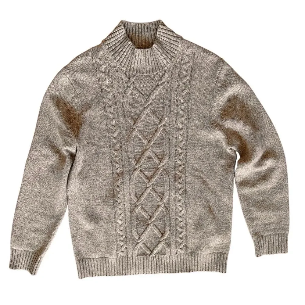 Banana Republic Tan Wool Cable Knit Fisherman Mock Neck Long Sleeve Sweater